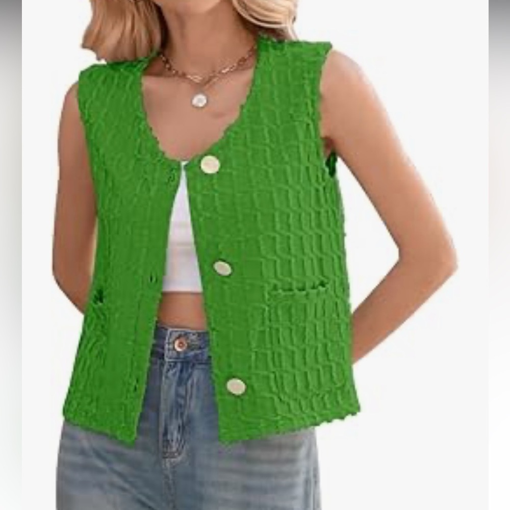 ETCYY NEW Cardigan Vest Tank Top Sz M Women Button Down Su Green Sleeveless